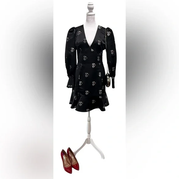 NWT Joie Minia floral black  satin brocade puff sleeve dress  . Size 8 - Picture 7 of 7